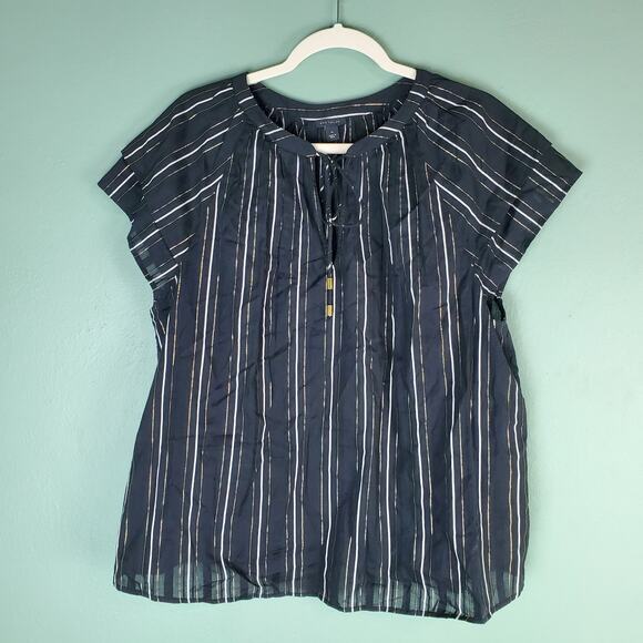 Ann Taylor Black Metallic Stripe Flutter Sleeve Tie Neck Blouse Size XL - Picture 1 of 6